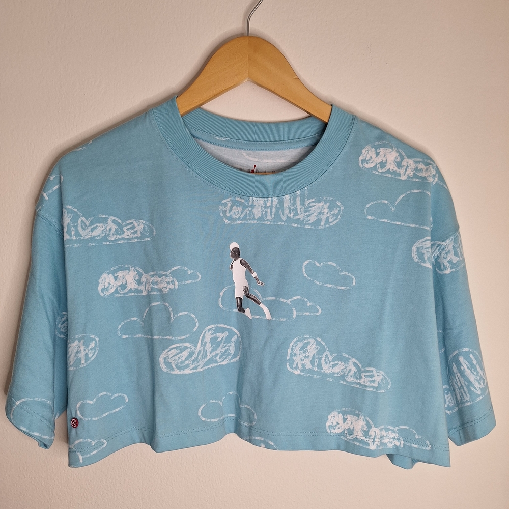 Jordan Sky Blue Cropped T-Shirt with Cloud Print Size Large